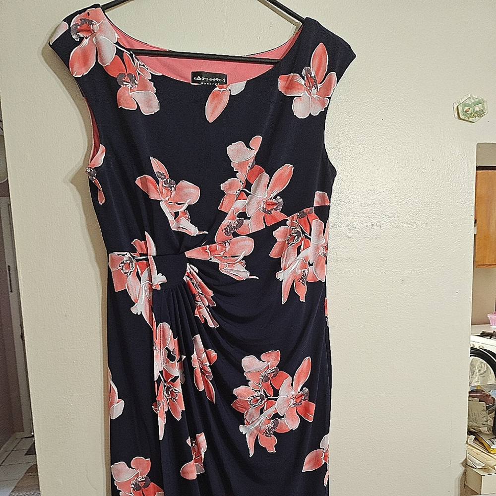 Connected Apparel Navy and Pink Floral Midi Dress